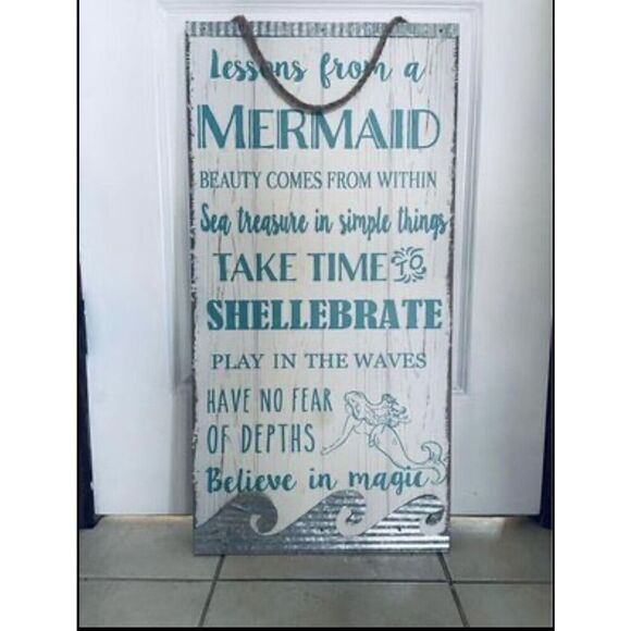 Lessons From A Mermaid Big 32”x16”Farmhouse Pallet Wood & Metal Waves Wall Decor - Picture 1 of 10